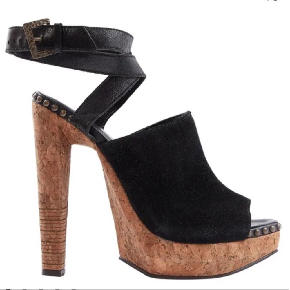 Herve Leger Suede Leather Cork Studded Platform Open Toe Heels Shoes Black 7